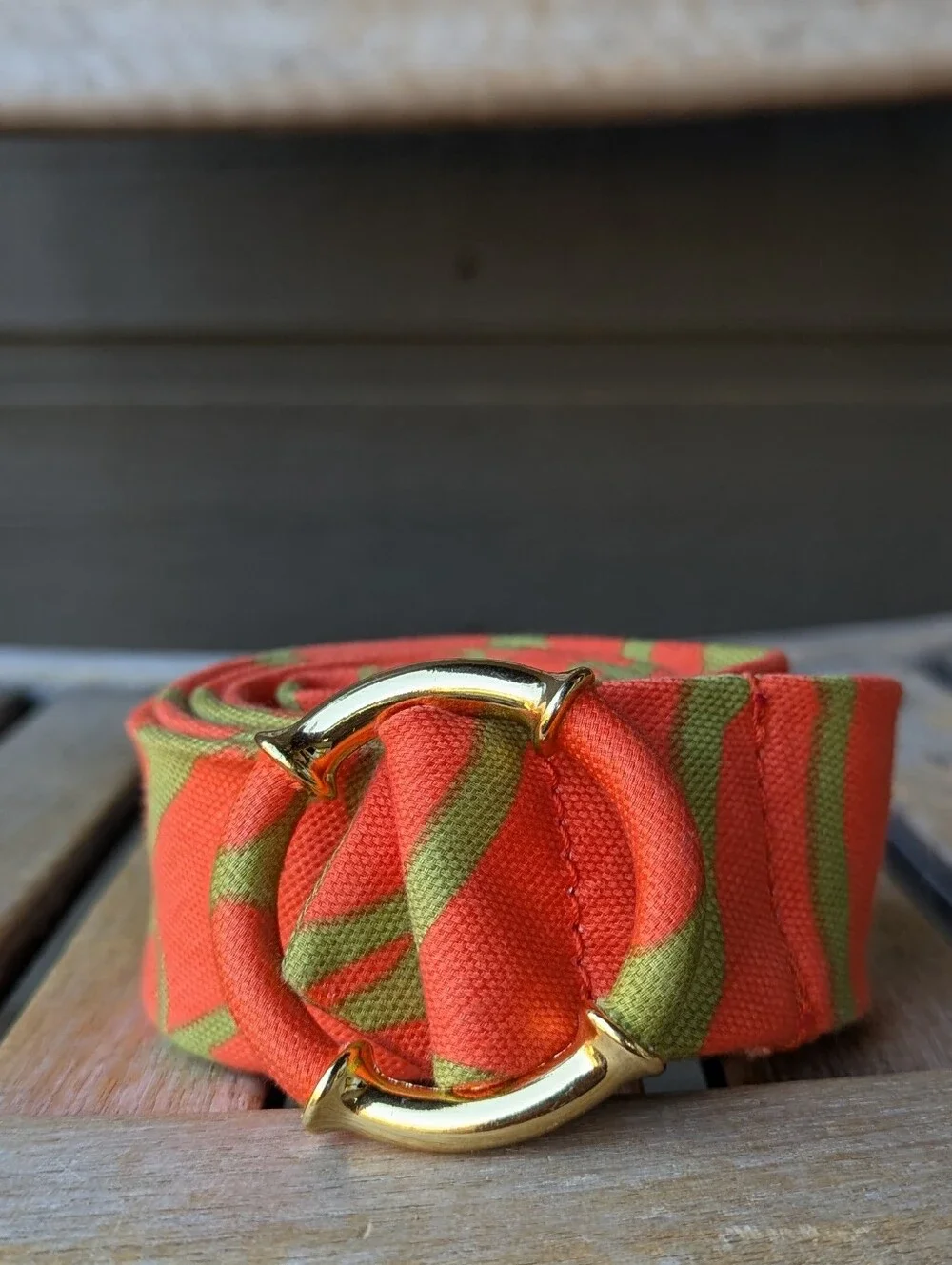 J. Crew Linen Cotton Lime Green Citrus Orange Belt Gold Tone Bamboo Buckle M/L - Picture 2 of 6